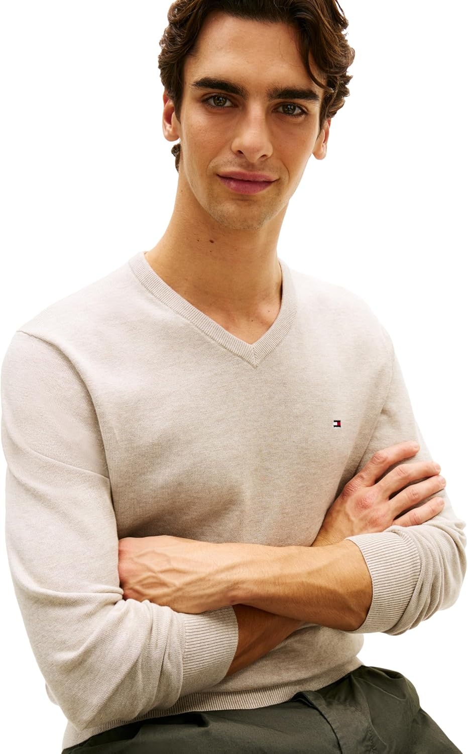 image:imageTommy Hilfiger Mens Cotton Solid V Neck Sweater Lightweight PulloverSandalwood Heather