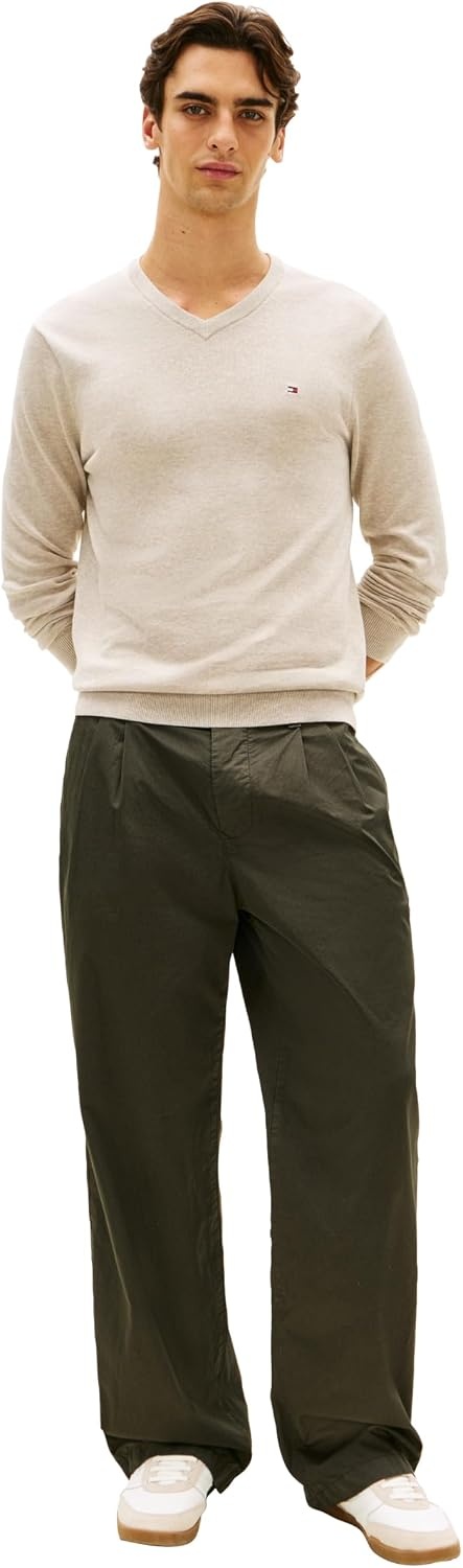 image:imageTommy Hilfiger Mens Cotton Solid V Neck Sweater Lightweight PulloverSandalwood Heather