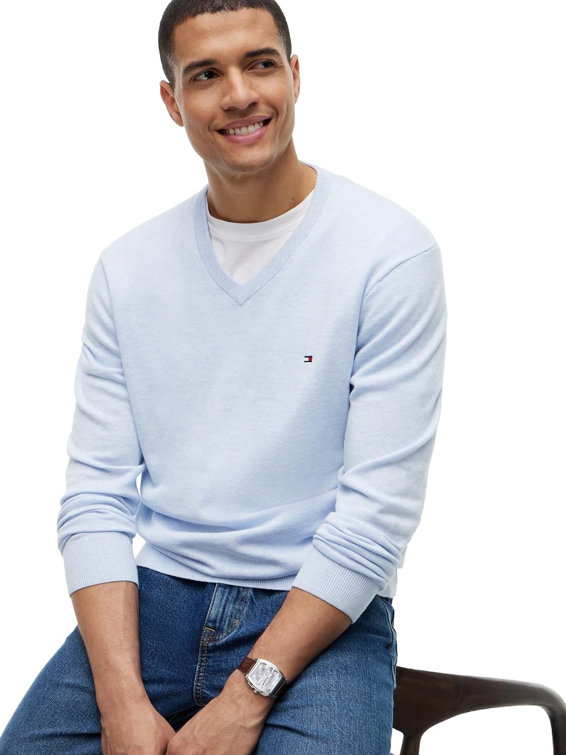 image:imageTommy Hilfiger Mens Cotton Solid V Neck Sweater Lightweight PulloverSky Blue Heather