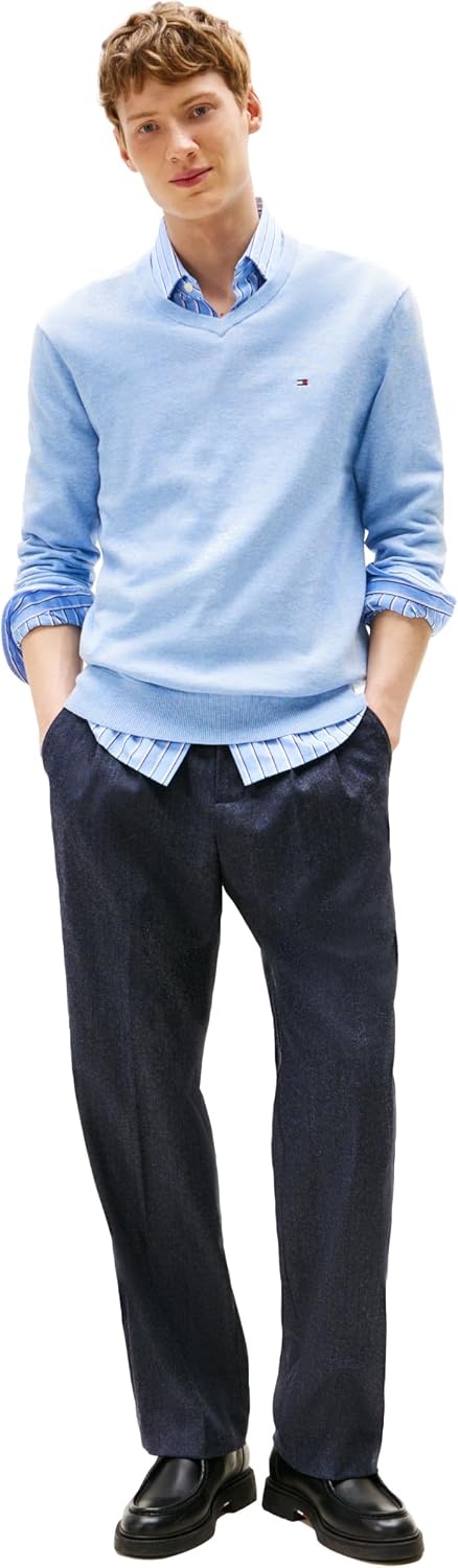image:imageTommy Hilfiger Mens Cotton Solid V Neck Sweater Lightweight PulloverVessel Blue Heather