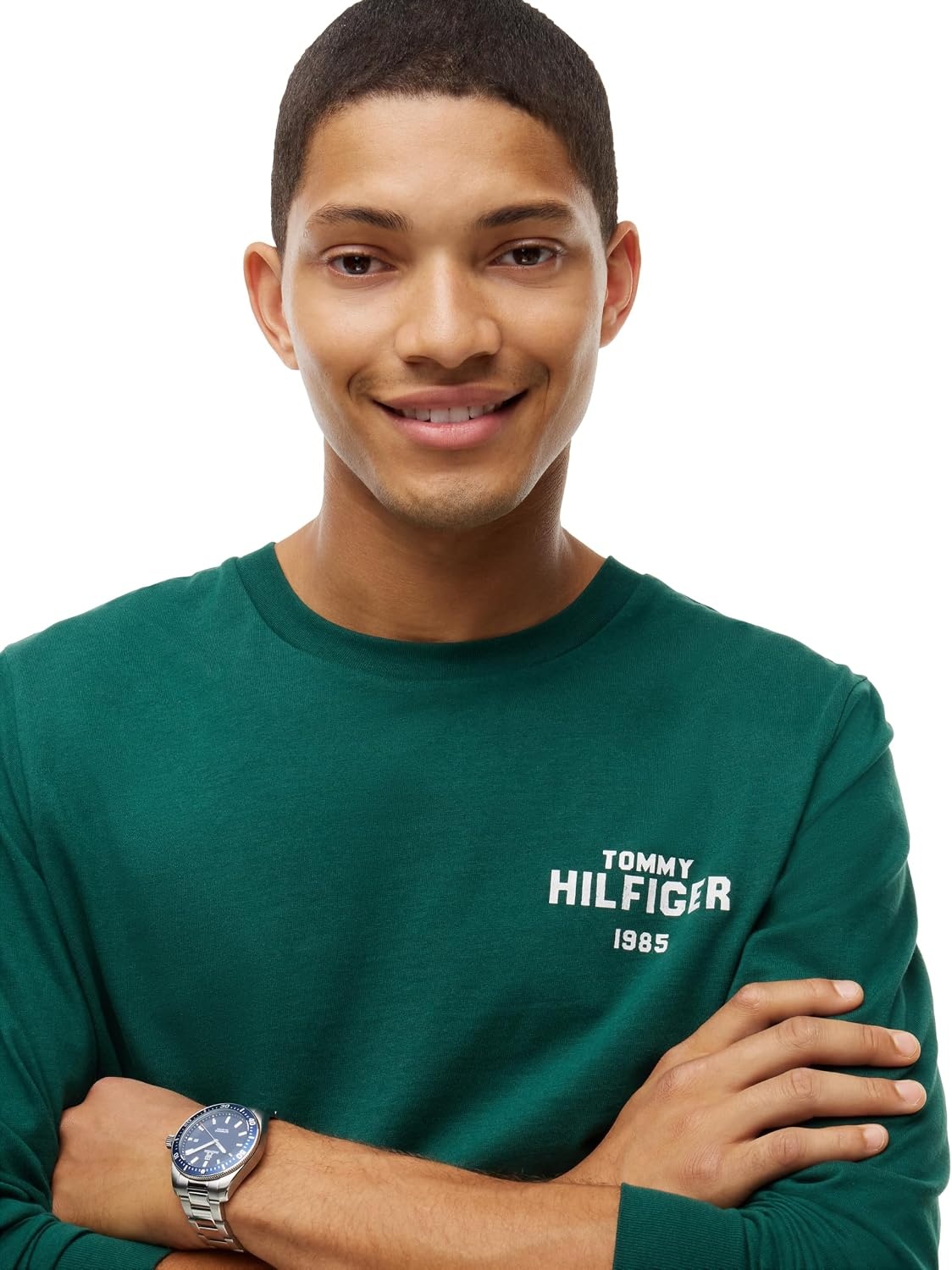 image:imageTommy Hilfiger Mens Long Sleeve Cotton Crewneck Logo Graphic TShirtsOrnamental Green