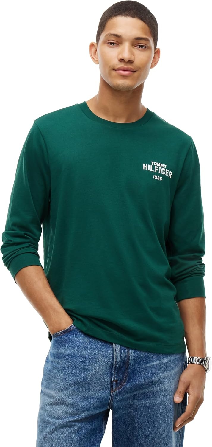 image:imageTommy Hilfiger Mens Long Sleeve Cotton Crewneck Logo Graphic TShirtsOrnamental Green