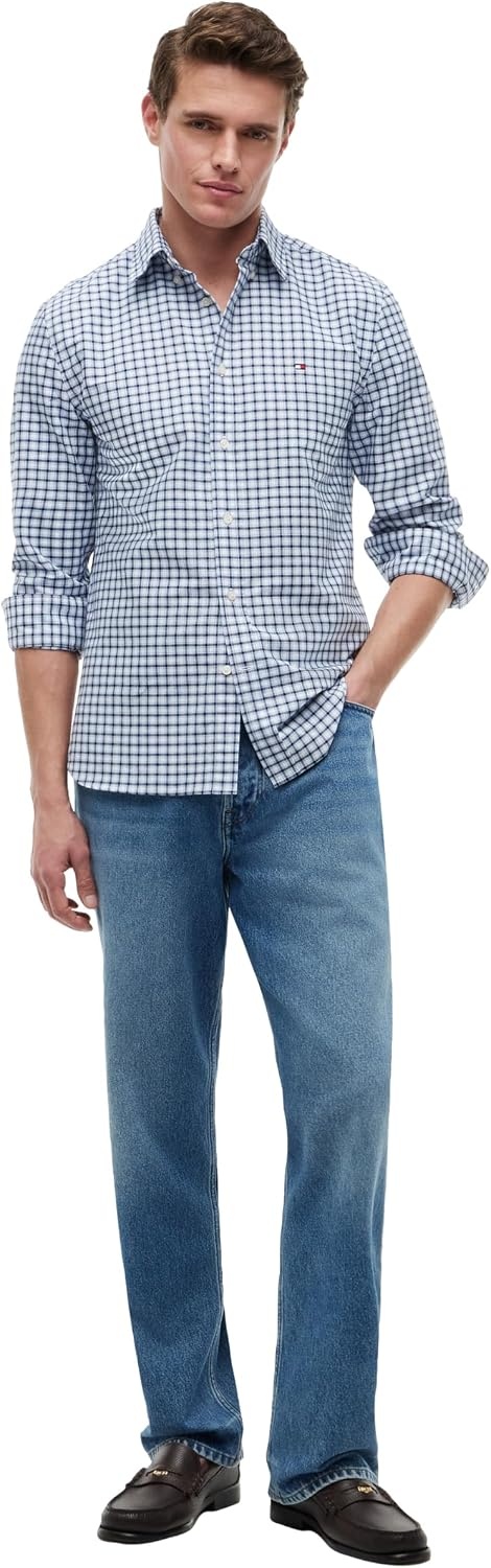image:imageTommy Hilfiger Mens Long Sleeve Oxford Shirts in Regular Fit Mens Button Down Shirts Also Available in Big and TallBlue SpellWhite Check