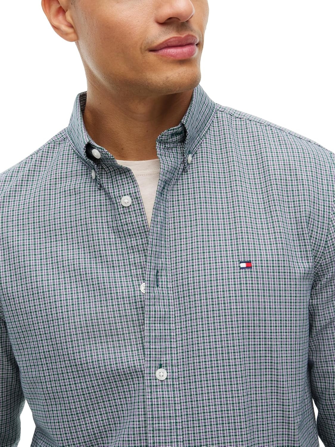 image:imageTommy Hilfiger Mens Long Sleeve Oxford Shirts in Regular Fit Mens Button Down Shirts Also Available in Big and TallOrnamental Green Check Wash