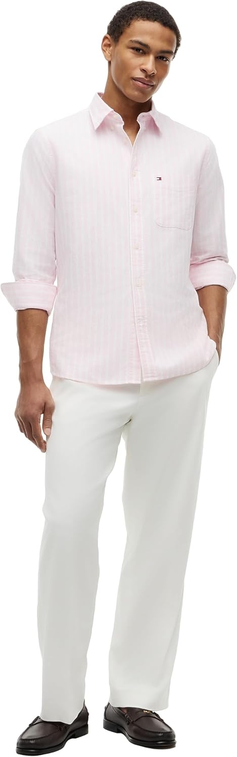 image:imageTommy Hilfiger Mens Long Sleeve Oxford Shirts in Regular Fit Mens Button Down Shirts Also Available in Big and TallRose Petal Stripe