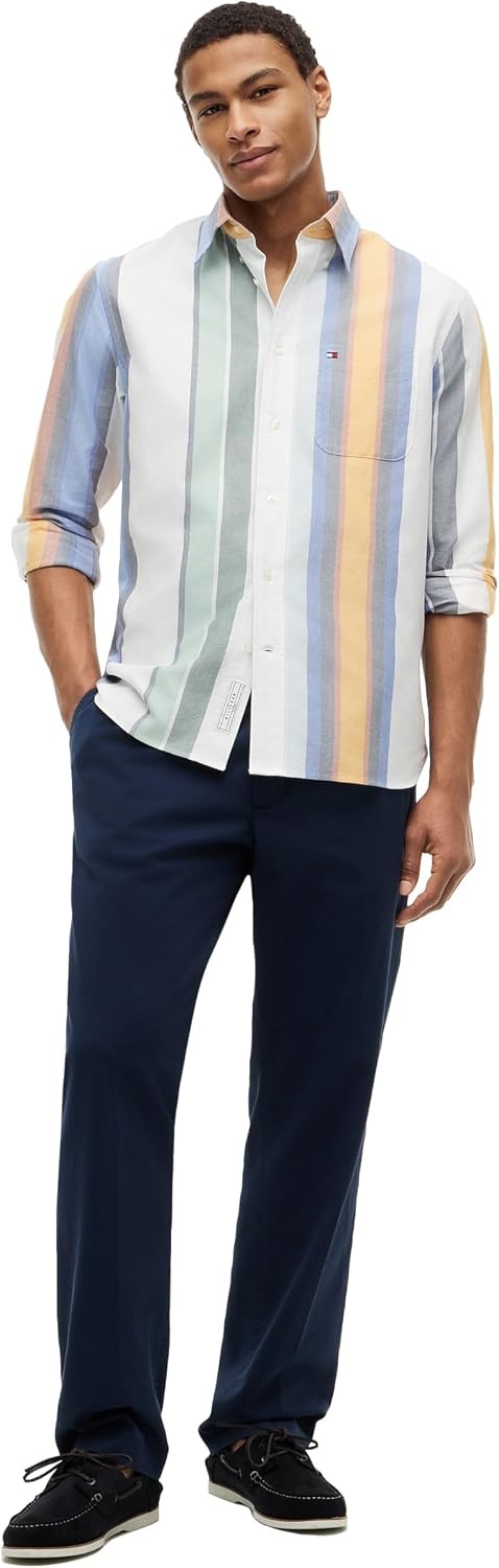 image:imageTommy Hilfiger Mens Long Sleeve Oxford Shirts in Regular Fit Mens Button Down Shirts Also Available in Big and TallWhite Multi Stripe