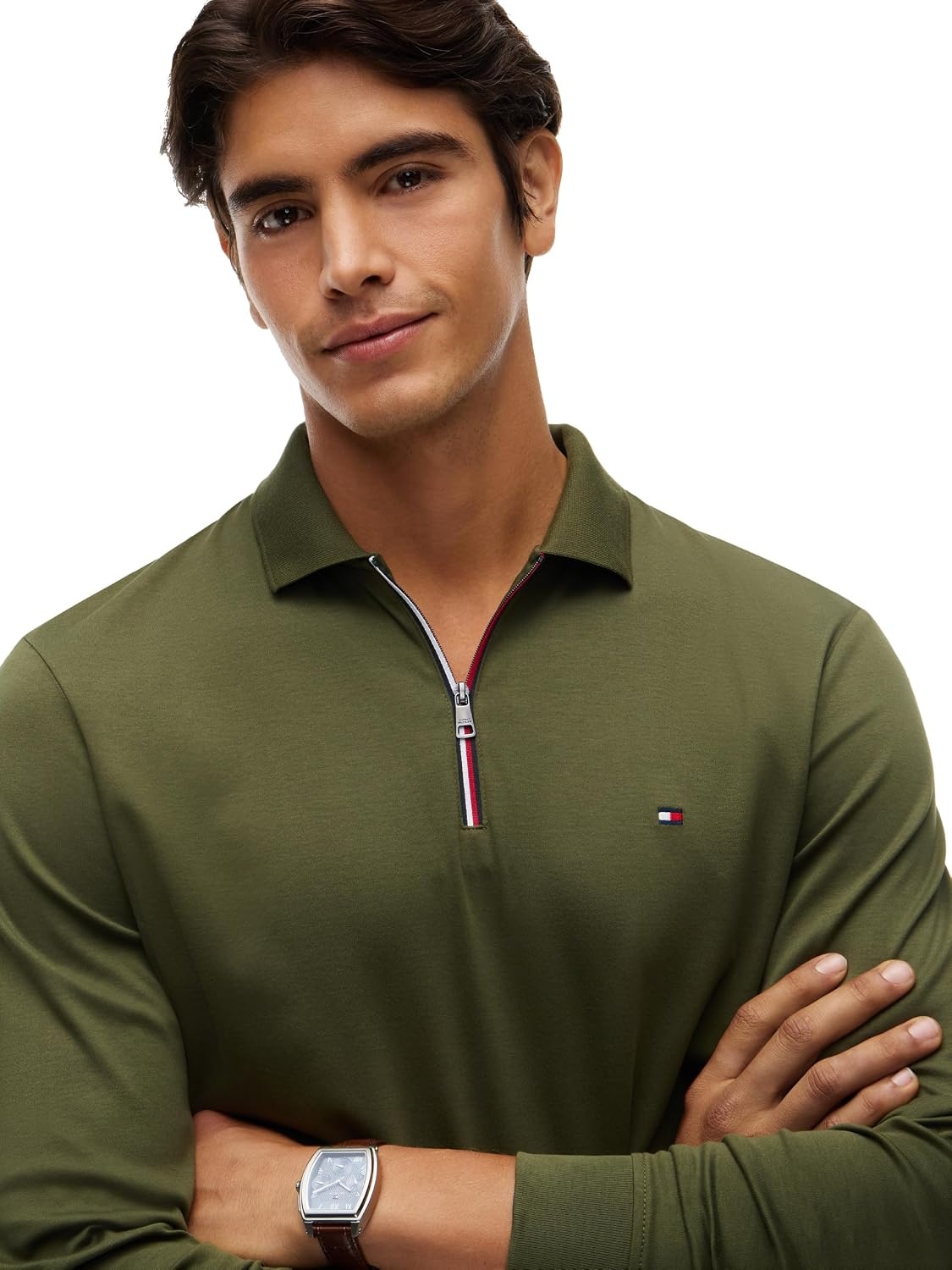 image:imageTommy Hilfiger Mens Long Sleeve Zip Polo Shirts in Regular Fit with Liquid CottonHuntsman Green