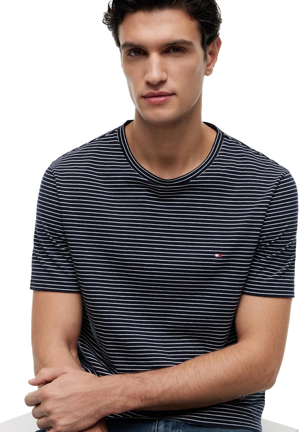 image:imageTommy Hilfiger Mens Short Sleeve Cotton Crewneck TShirts in Regular FitDesert SkyEcru Stripe