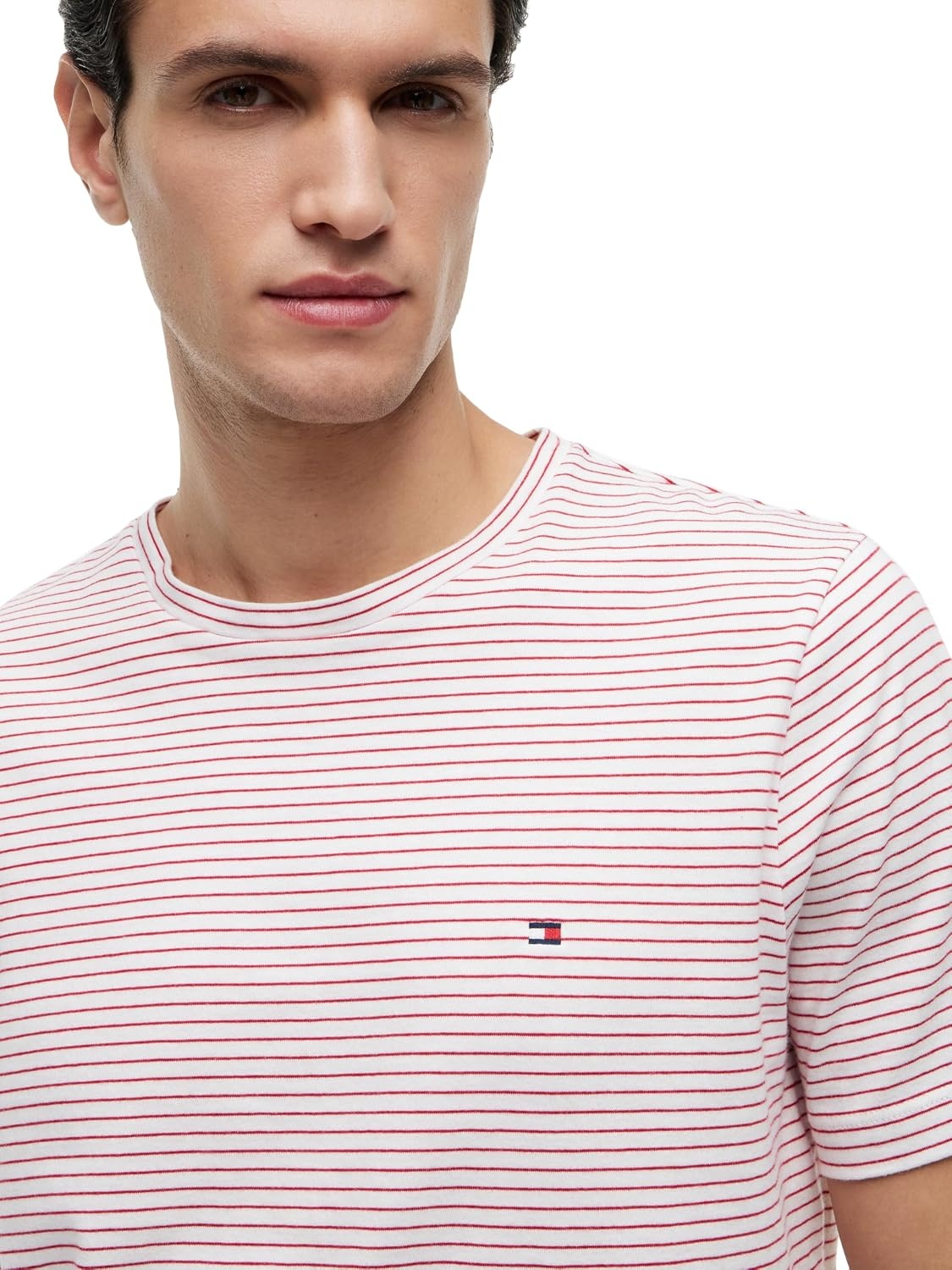 image:imageTommy Hilfiger Mens Short Sleeve Cotton Crewneck TShirts in Regular FitEcruMedium Red Stripe
