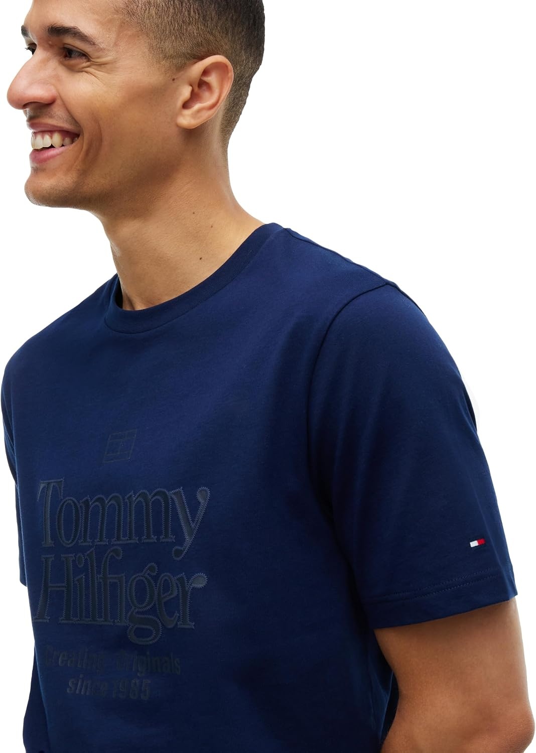image:imageTommy Hilfiger Mens Short Sleeve Cotton Crewneck Tonal Logo Graphic TShirtsCarbon Navy