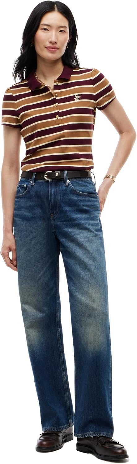 image:imageTommy Hilfiger Womens Cotton Puff Sleeve Polo Shirt in Slim Fit with StretchDeep Burgundy Dark Khaki