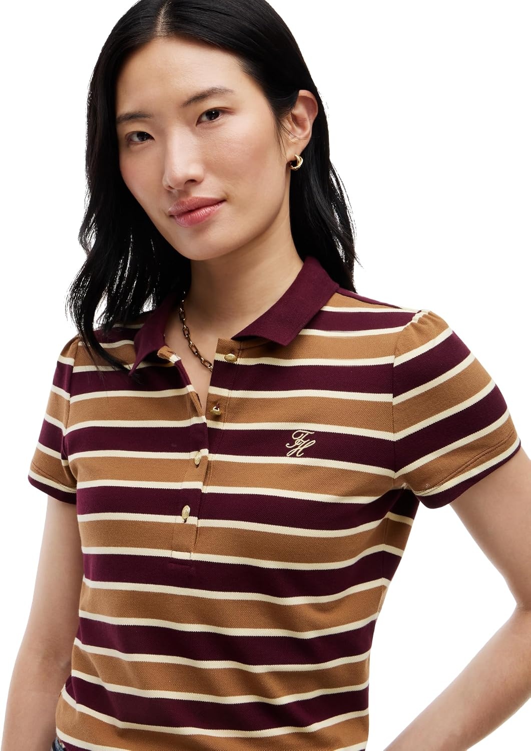 image:imageTommy Hilfiger Womens Cotton Puff Sleeve Polo Shirt in Slim Fit with StretchDeep Burgundy Dark Khaki