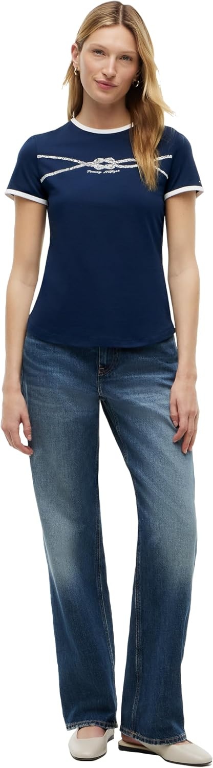 image:imageTommy Hilfiger Womens Short Sleeve Cotton Graphic Logo Crew Neck TShirtsDark Night NavyWhite