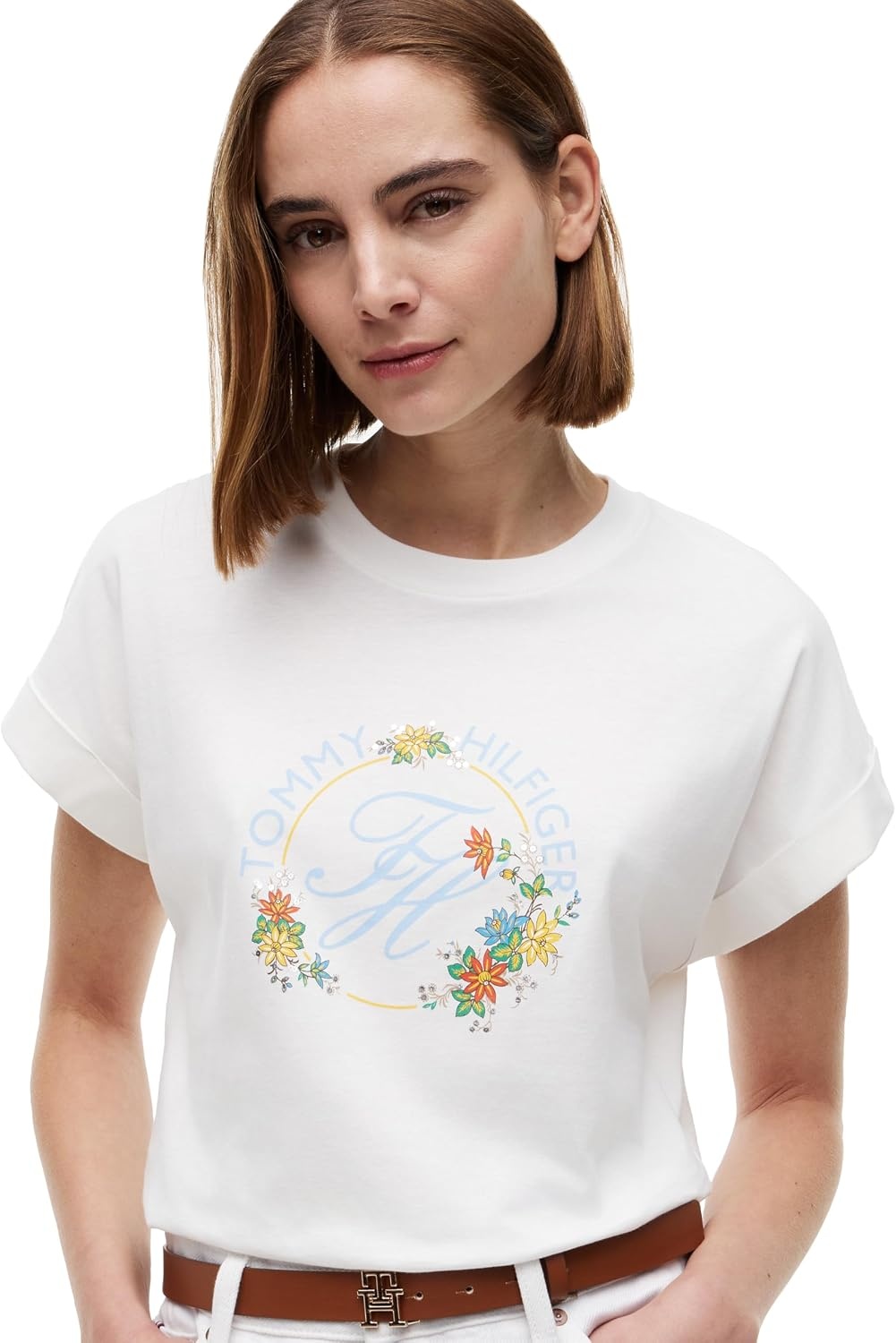image:imageTommy Hilfiger Womens Short Sleeve Cotton Graphic Logo Crew Neck TShirtsEcruFloral
