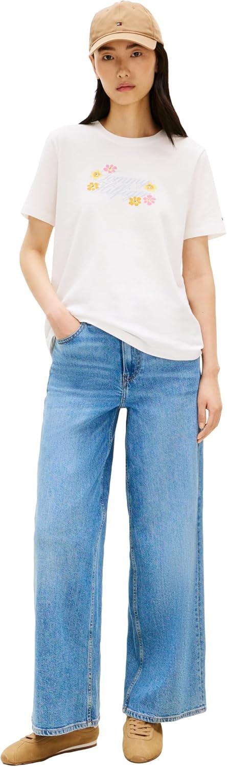 image:imageTommy Hilfiger Womens Short Sleeve Cotton Graphic Logo Crew Neck TShirtsEcruFlowers