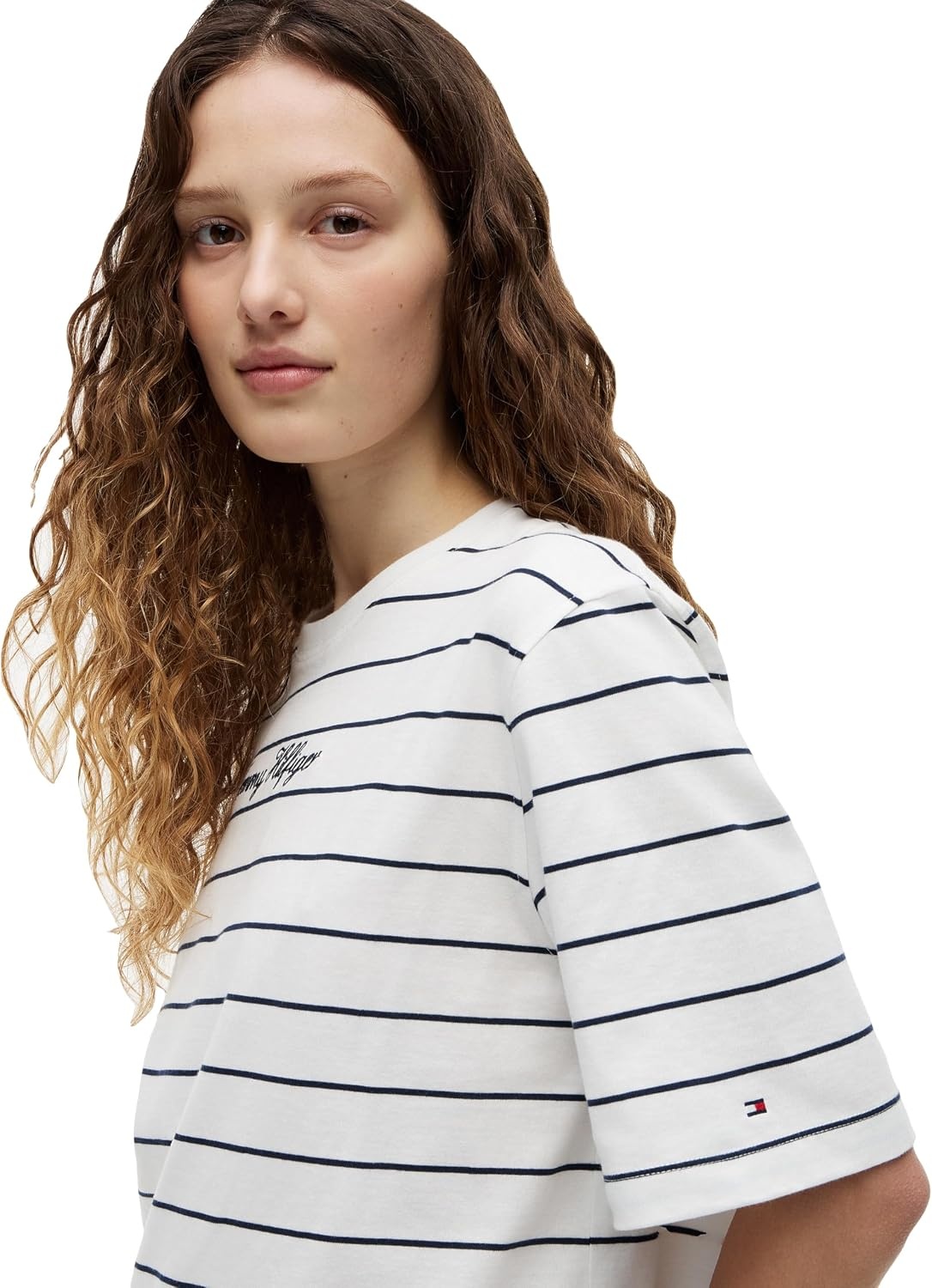 image:imageTommy Hilfiger Womens Short Sleeve Cotton Graphic Logo Crew Neck TShirtsFine Stripe Ecru Dark Night Navy