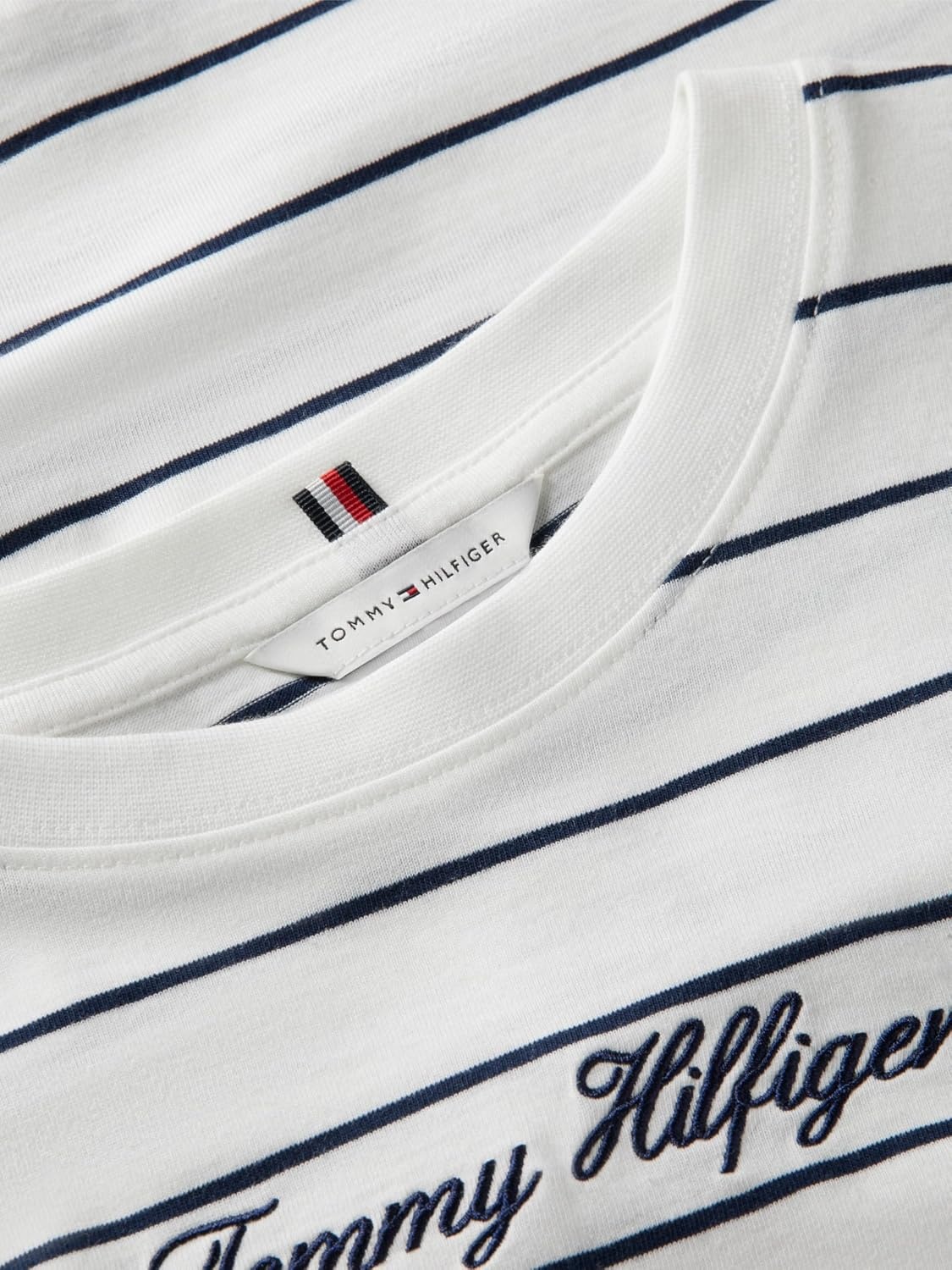 image:imageTommy Hilfiger Womens Short Sleeve Cotton Graphic Logo Crew Neck TShirtsFine Stripe Ecru Dark Night Navy