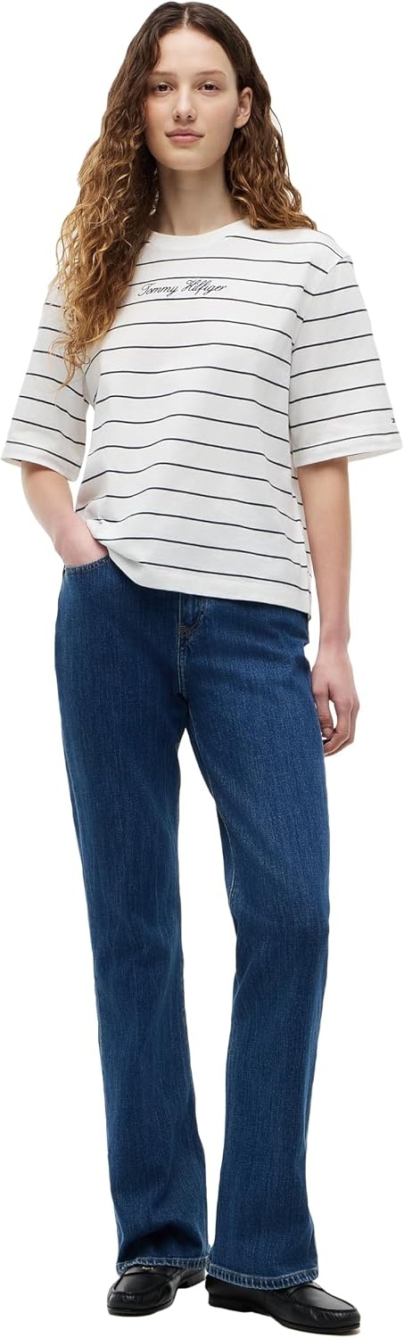 image:imageTommy Hilfiger Womens Short Sleeve Cotton Graphic Logo Crew Neck TShirtsFine Stripe Ecru Dark Night Navy