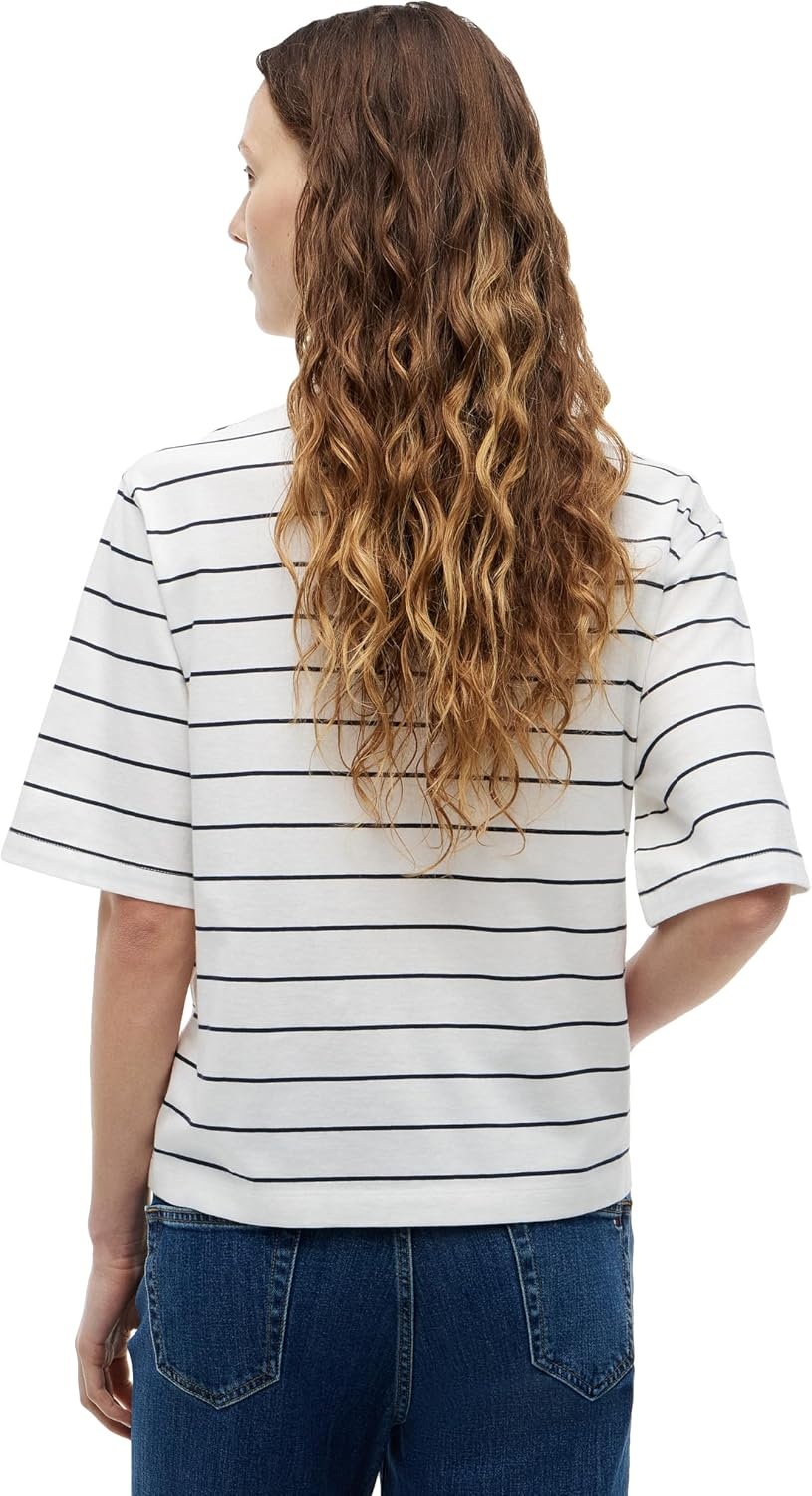 image:imageTommy Hilfiger Womens Short Sleeve Cotton Graphic Logo Crew Neck TShirtsFine Stripe Ecru Dark Night Navy