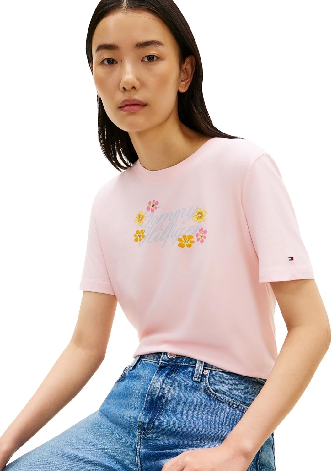 image:imageTommy Hilfiger Womens Short Sleeve Cotton Graphic Logo Crew Neck TShirtsLight PinkFlowers