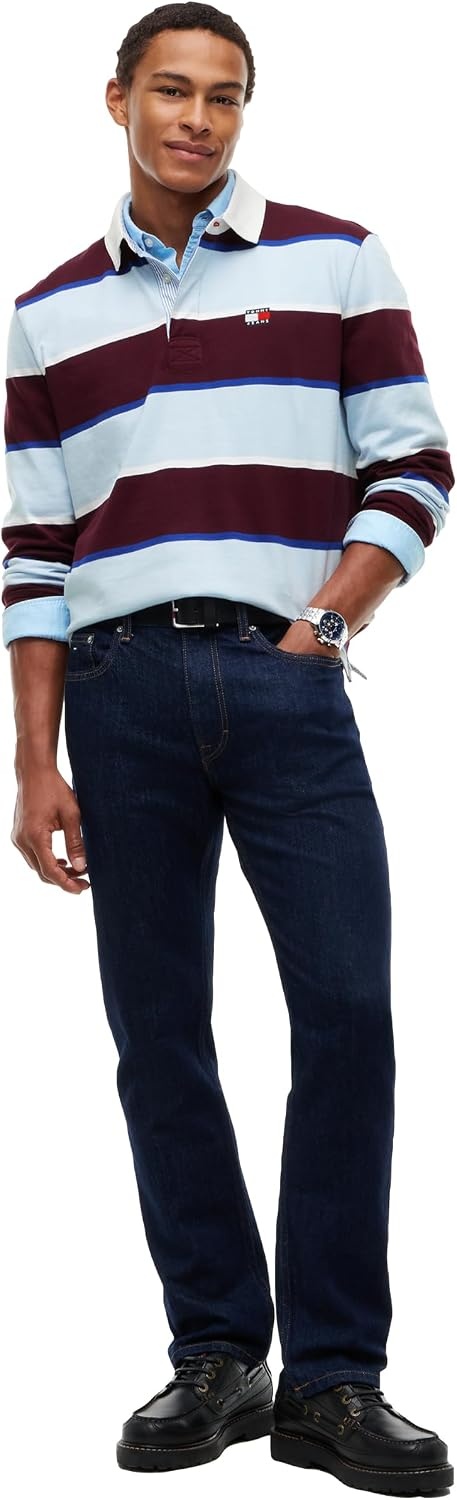 image:imageTommy Jeans Mens Long Sleeve Cotton Rugby Polo Shirt in Relaxed FitCalypso Berry Stripe