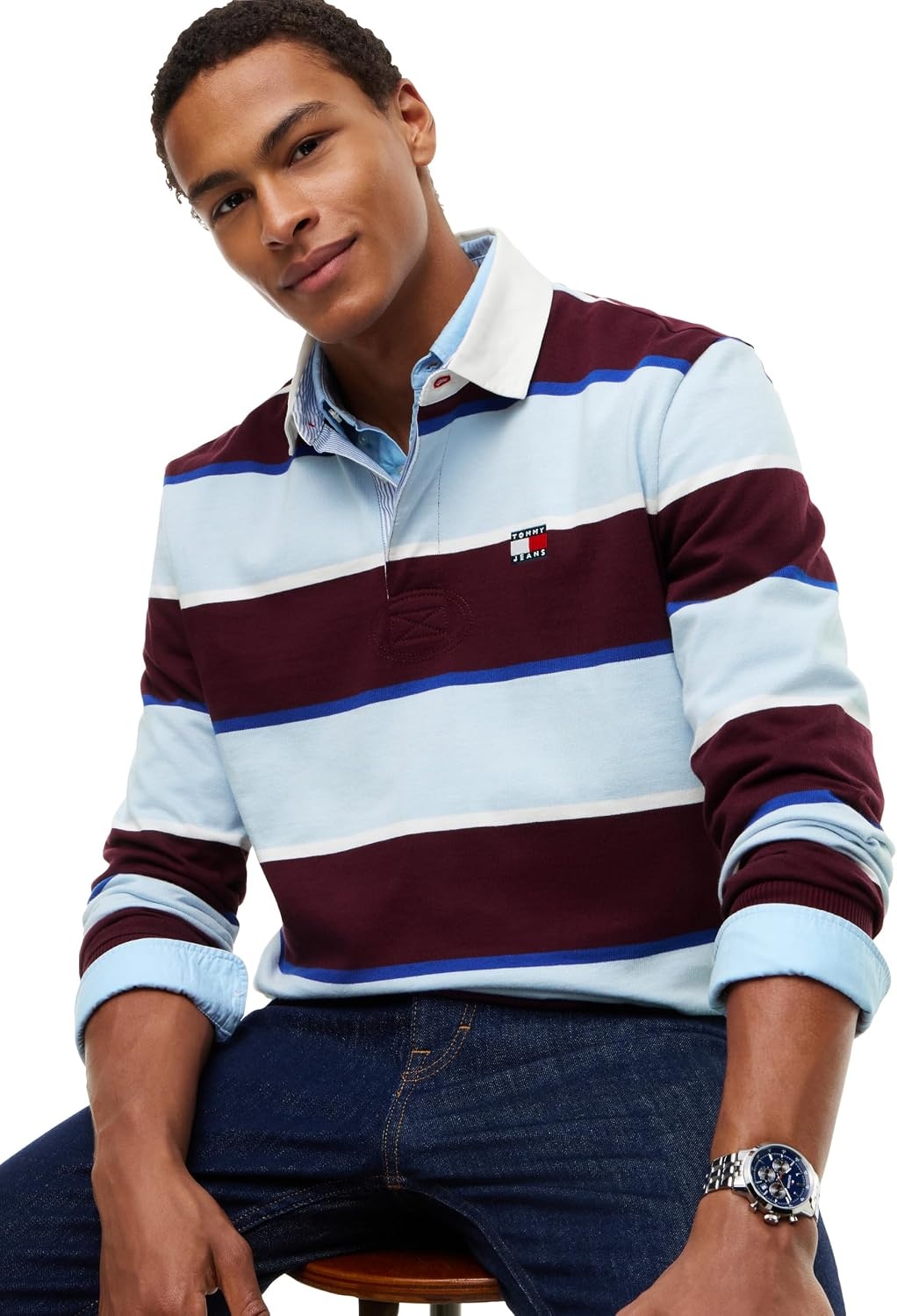 image:imageTommy Jeans Mens Long Sleeve Cotton Rugby Polo Shirt in Relaxed FitCalypso Berry Stripe