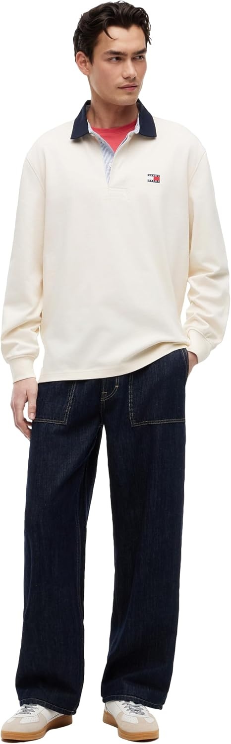 image:imageTommy Jeans Mens Long Sleeve Cotton Rugby Polo Shirt in Relaxed FitCream