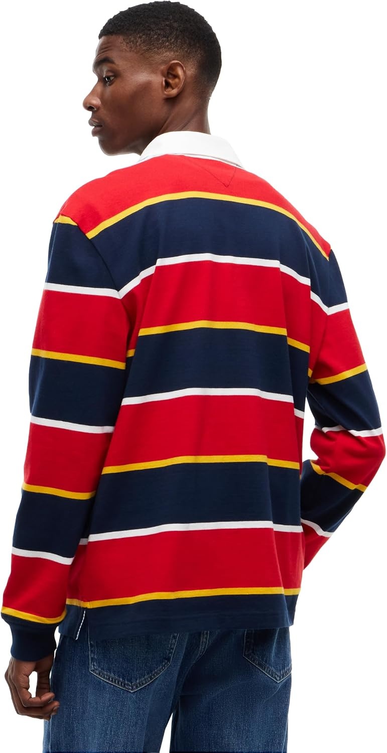 image:imageTommy Jeans Mens Long Sleeve Cotton Rugby Polo Shirt in Relaxed FitScarlet Flare Stripe
