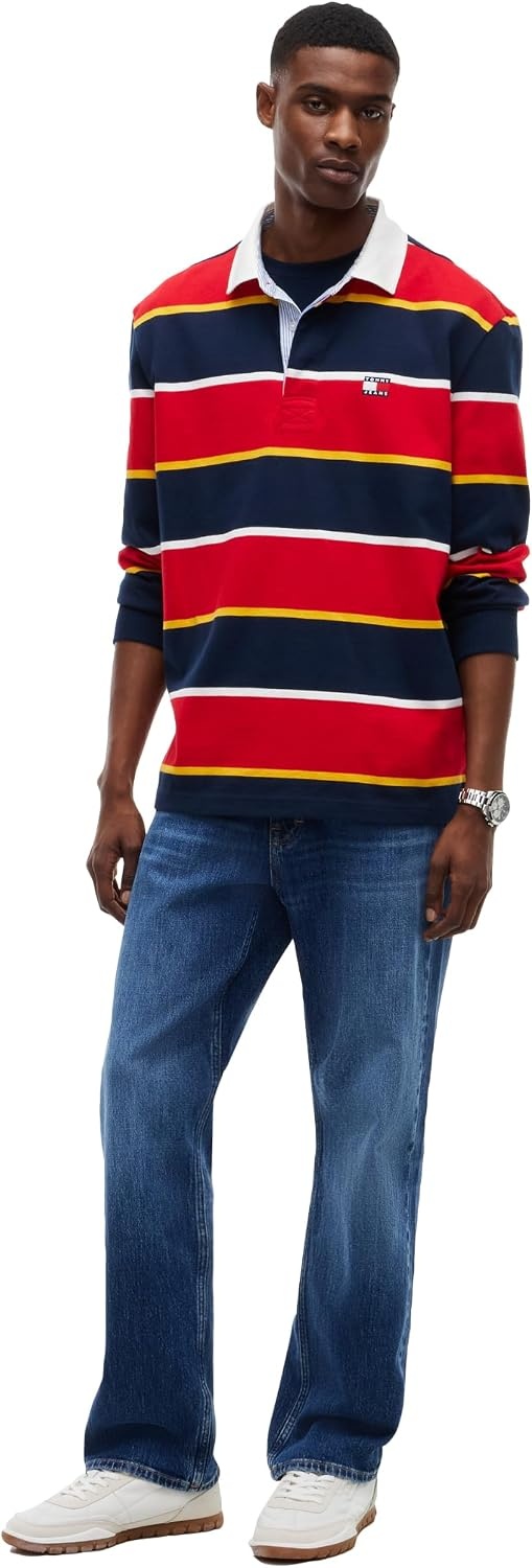 image:imageTommy Jeans Mens Long Sleeve Cotton Rugby Polo Shirt in Relaxed FitScarlet Flare Stripe