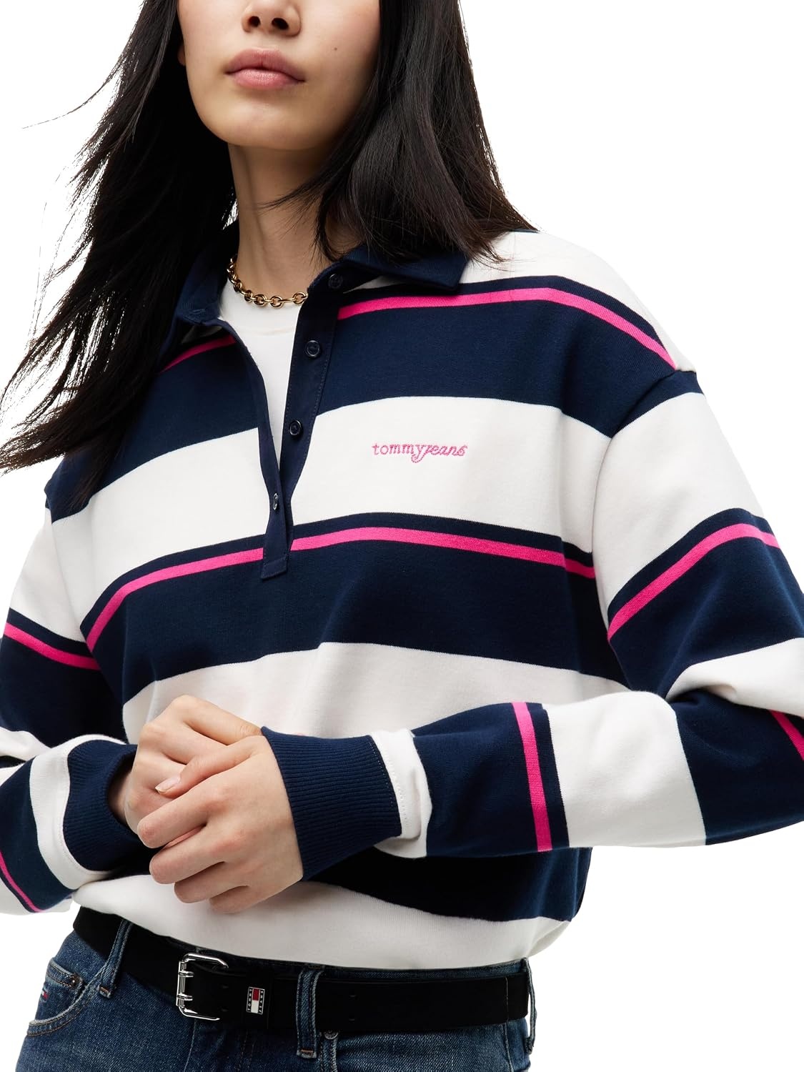 image:imageTommy Jeans Womens Long Sleeve Casual Cotton Rugby Polo Shirt in Relaxed FitOff White Stripe