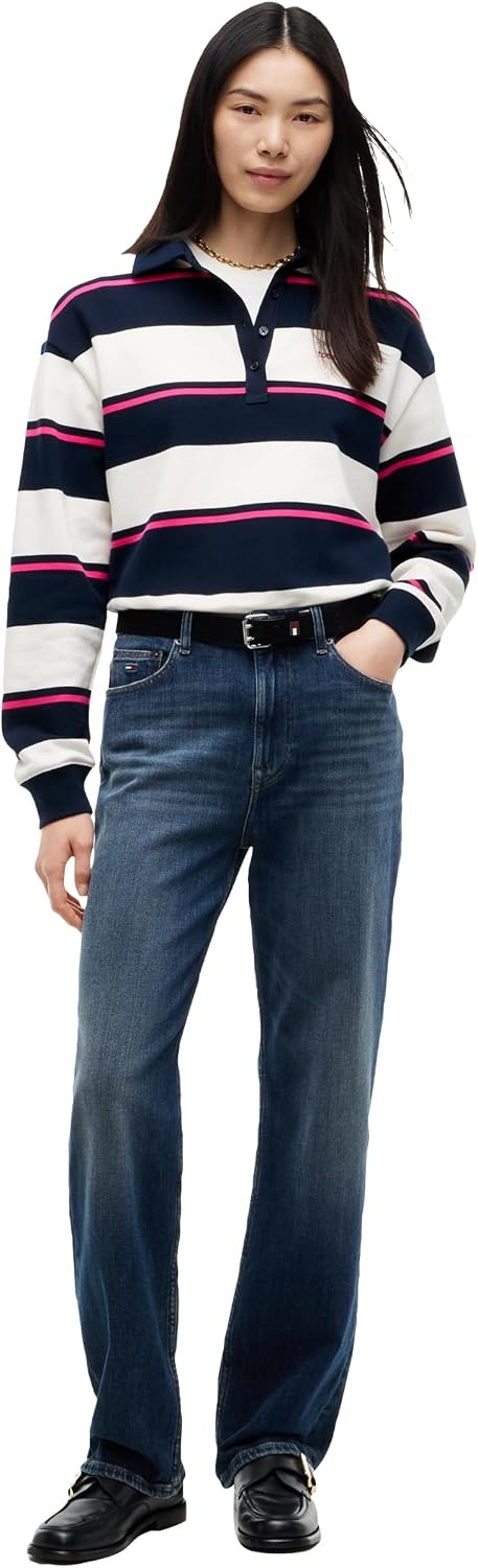 image:imageTommy Jeans Womens Long Sleeve Casual Cotton Rugby Polo Shirt in Relaxed FitOff White Stripe