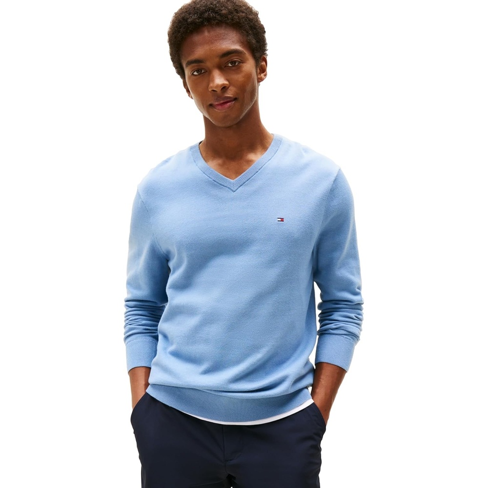 image:imageTommy Hilfiger Mens Cotton Solid V Neck Sweater Lightweight PulloverBreezy Blue