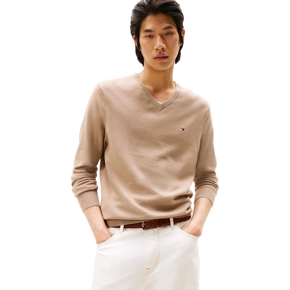 image:imageTommy Hilfiger Mens Cotton Solid V Neck Sweater Lightweight PulloverCoastal Taupe