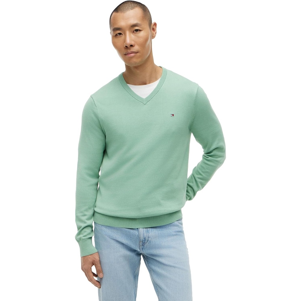 image:imageTommy Hilfiger Mens Cotton Solid V Neck Sweater Lightweight PulloverCut Grass