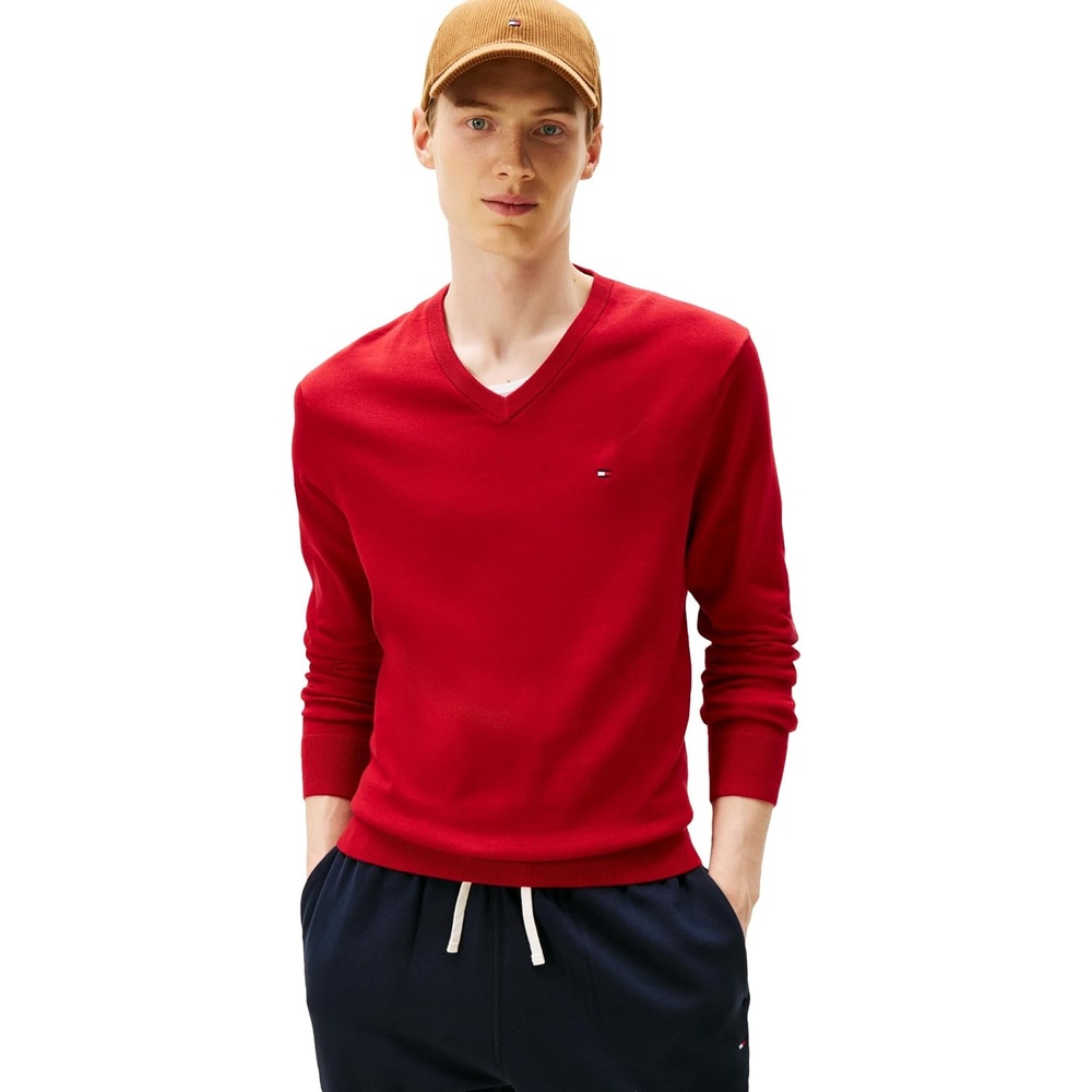 image:imageTommy Hilfiger Mens Cotton Solid V Neck Sweater Lightweight PulloverMedium Red