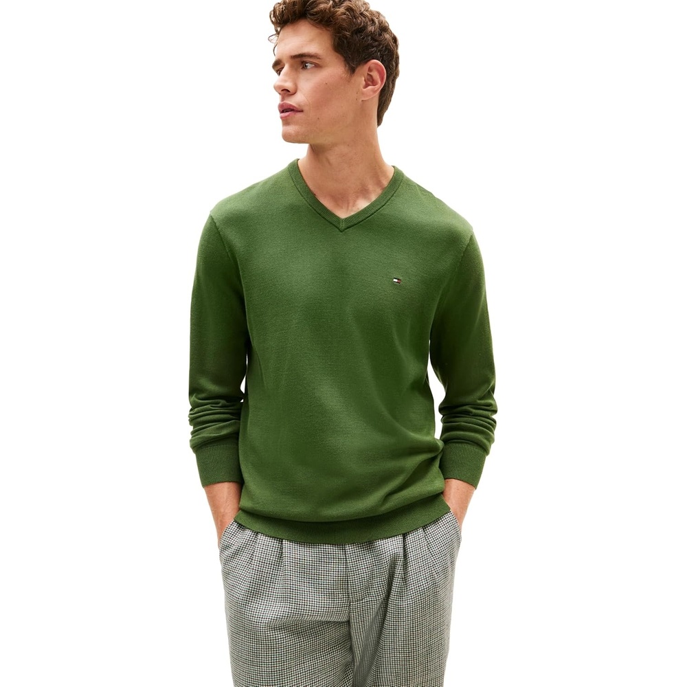 image:imageTommy Hilfiger Mens Cotton Solid V Neck Sweater Lightweight PulloverMountain Pine