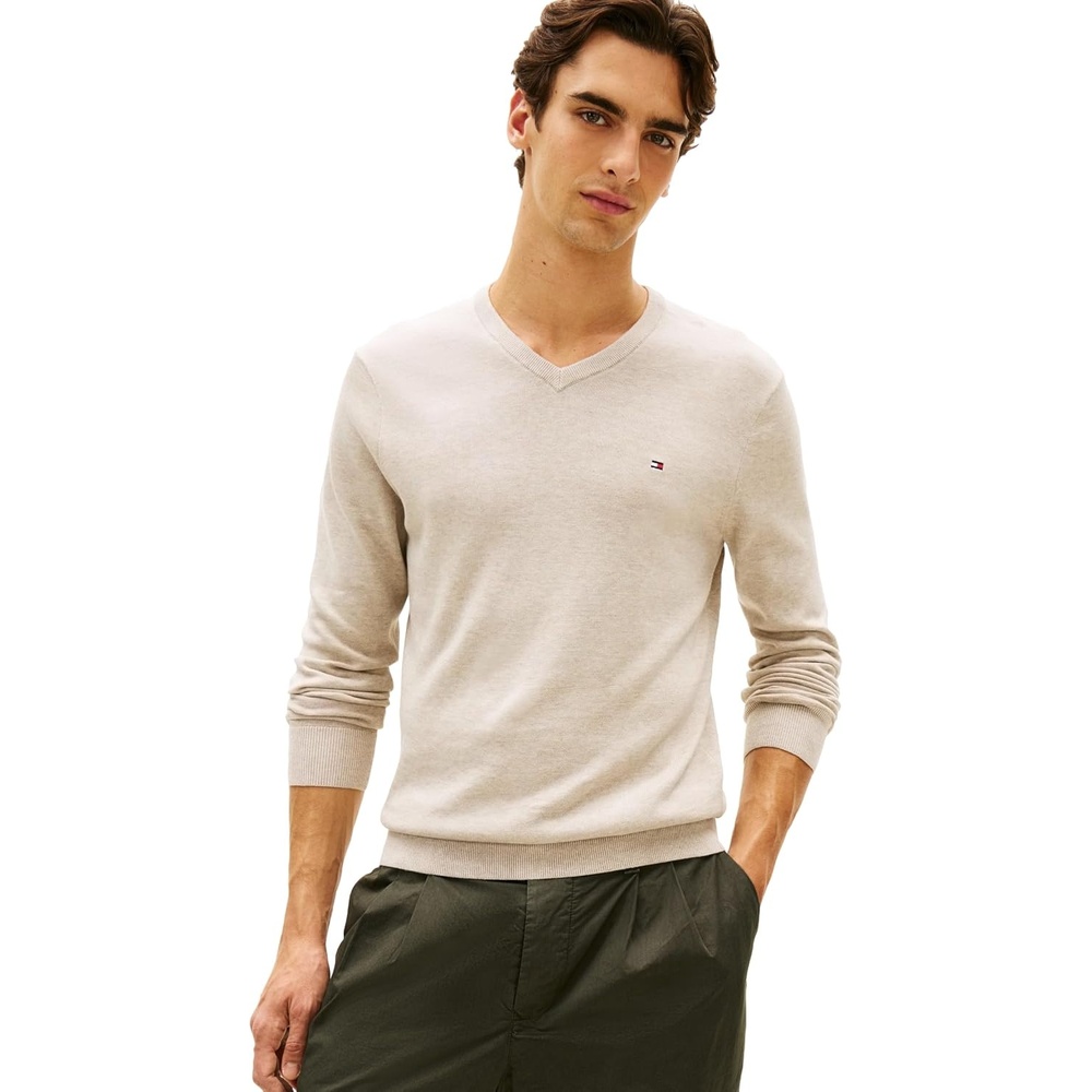 image:imageTommy Hilfiger Mens Cotton Solid V Neck Sweater Lightweight PulloverSandalwood Heather