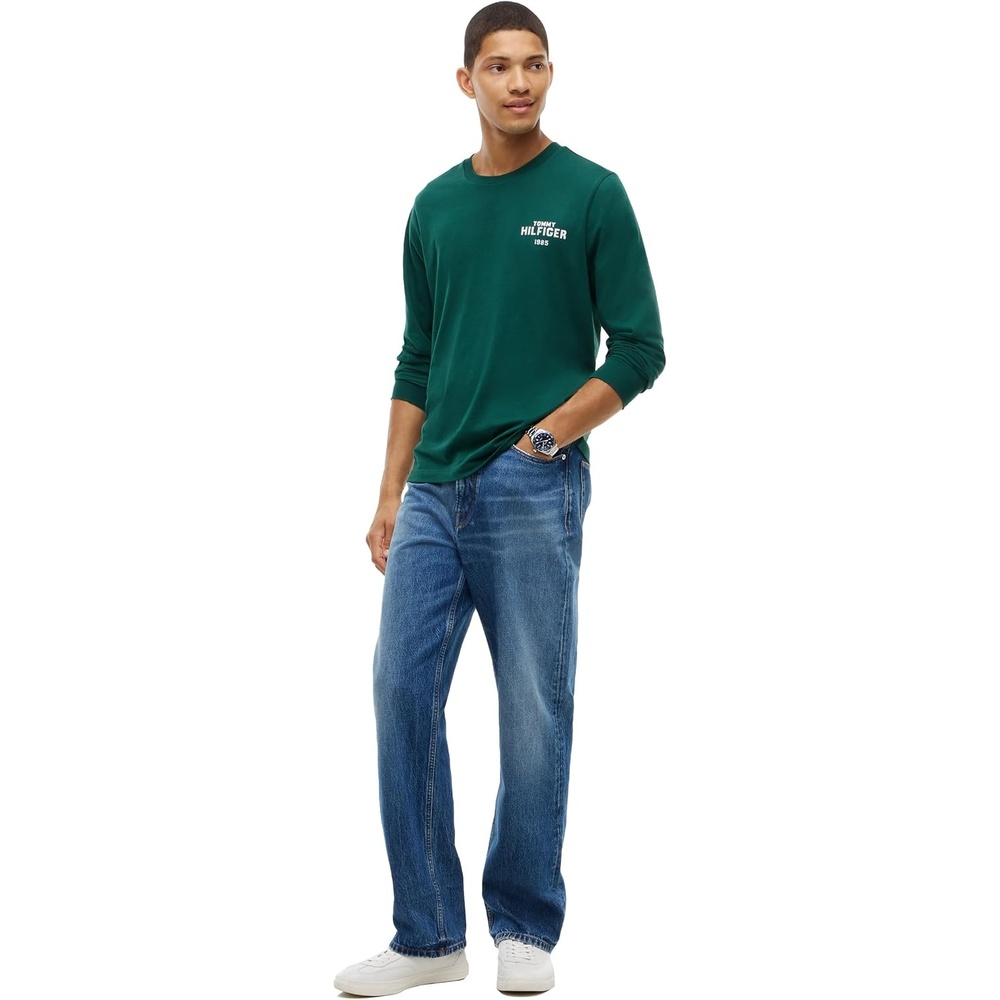 image:imageTommy Hilfiger Mens Long Sleeve Cotton Crewneck Logo Graphic TShirtsOrnamental Green