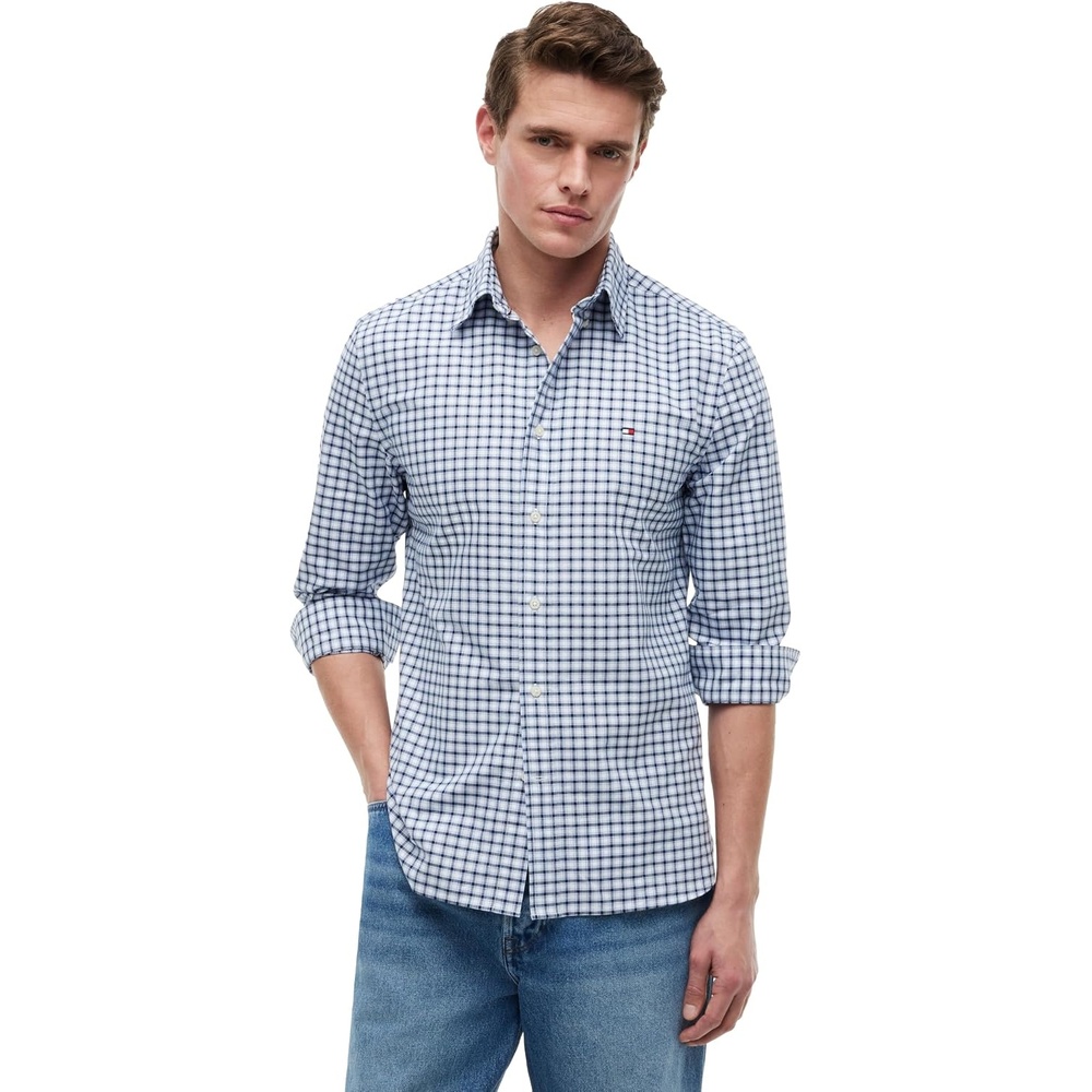 image:imageTommy Hilfiger Mens Long Sleeve Oxford Shirts in Regular Fit Mens Button Down Shirts Also Available in Big and TallBlue SpellWhite Check