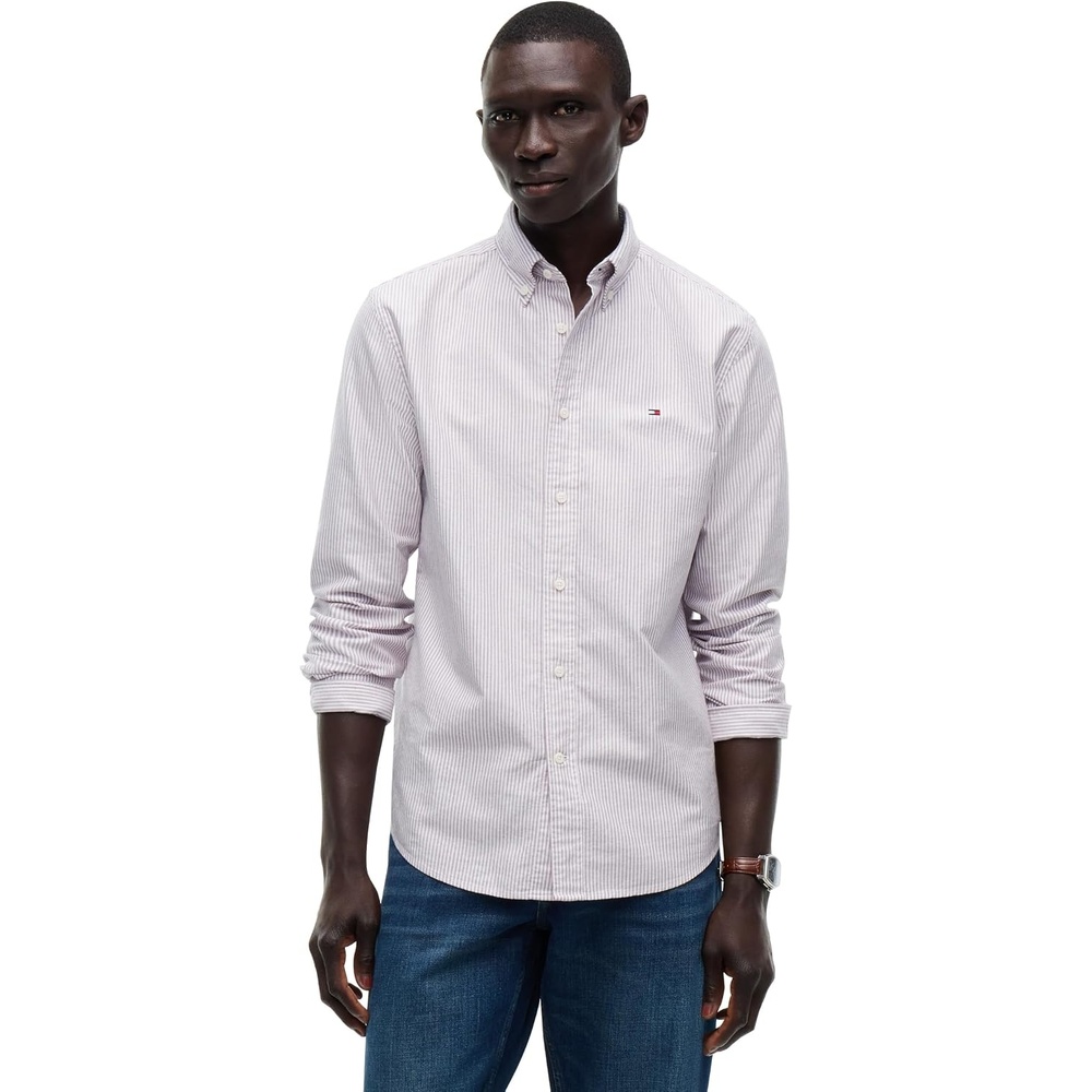image:imageTommy Hilfiger Mens Long Sleeve Oxford Shirts in Regular Fit Mens Button Down Shirts Also Available in Big and TallBurgundy  Stripe