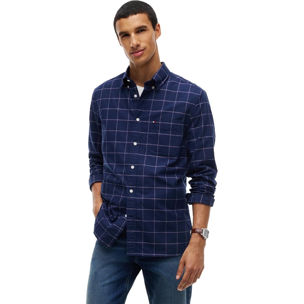 image:imageTommy Hilfiger Mens Long Sleeve Oxford Shirts in Regular Fit Mens Button Down Shirts Also Available in Big and TallCarbon Navy Check