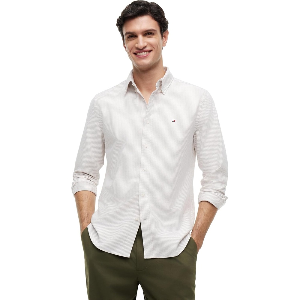 image:imageTommy Hilfiger Mens Long Sleeve Oxford Shirts in Regular Fit Mens Button Down Shirts Also Available in Big and TallCoastal Taupe Stripe