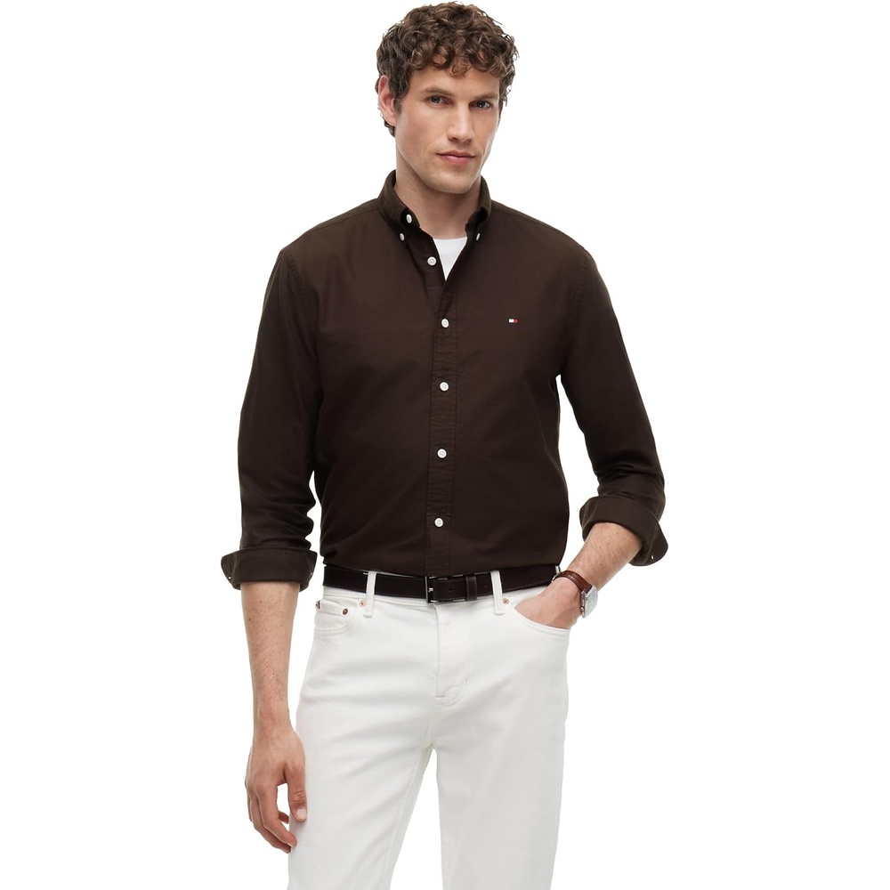 image:imageTommy Hilfiger Mens Long Sleeve Oxford Shirts in Regular Fit Mens Button Down Shirts Also Available in Big and TallDark Coffee Dark Coffee Solid