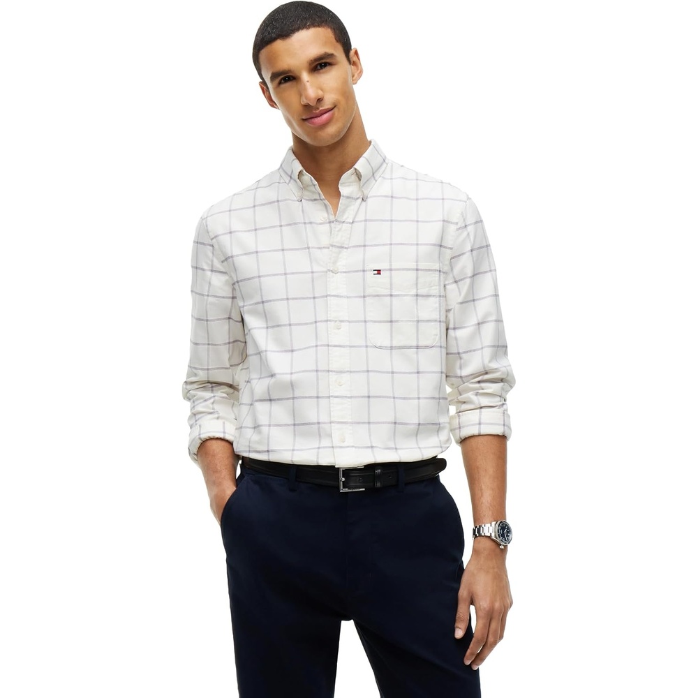 image:imageTommy Hilfiger Mens Long Sleeve Oxford Shirts in Regular Fit Mens Button Down Shirts Also Available in Big and TallIvory Silk Check