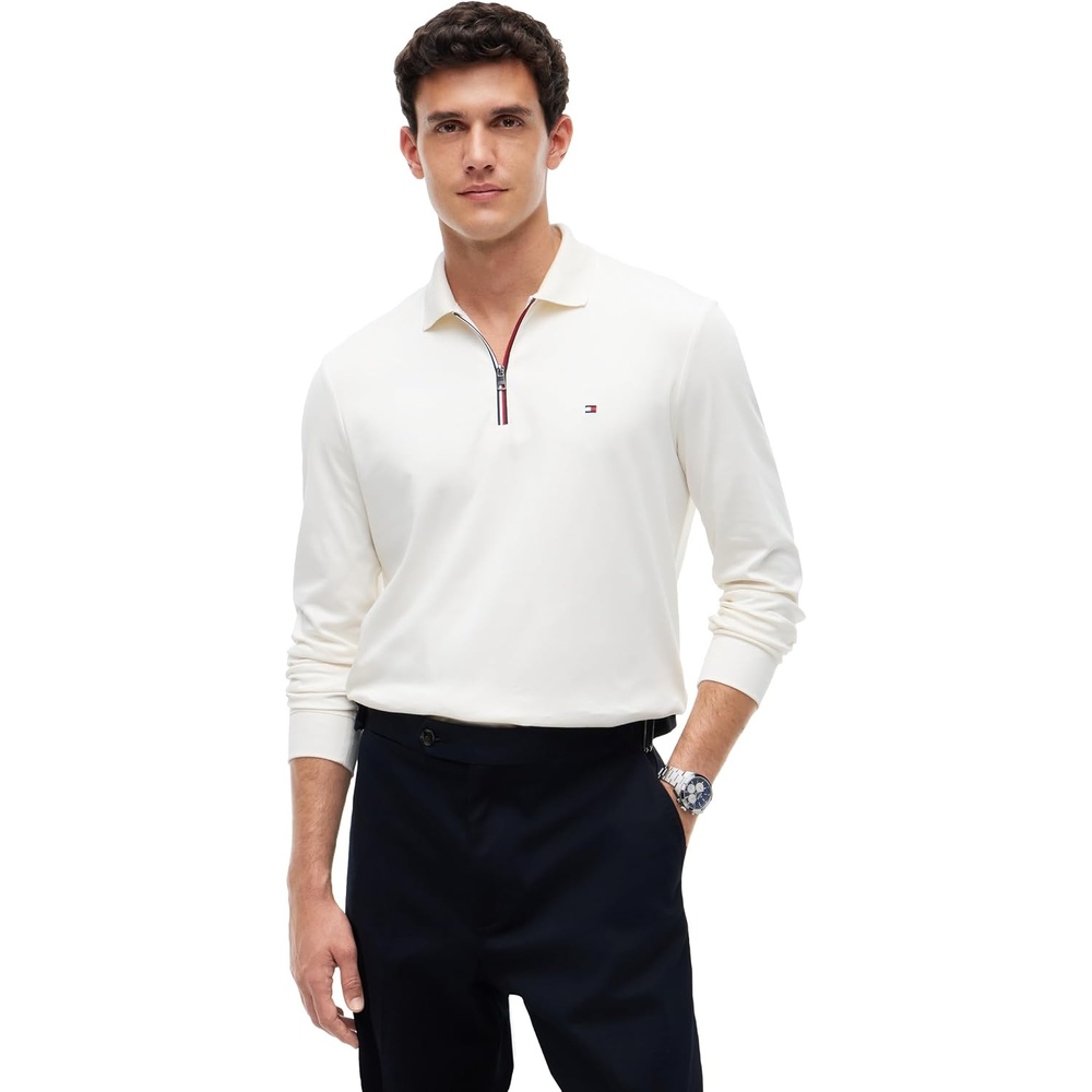 image:imageTommy Hilfiger Mens Long Sleeve Zip Polo Shirts in Regular Fit with Liquid CottonIvory Petal