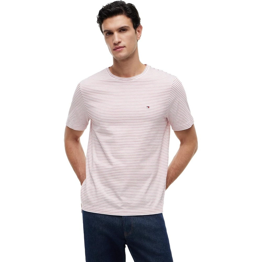 image:imageTommy Hilfiger Mens Short Sleeve Cotton Crewneck TShirts in Regular FitEcruMedium Red Stripe