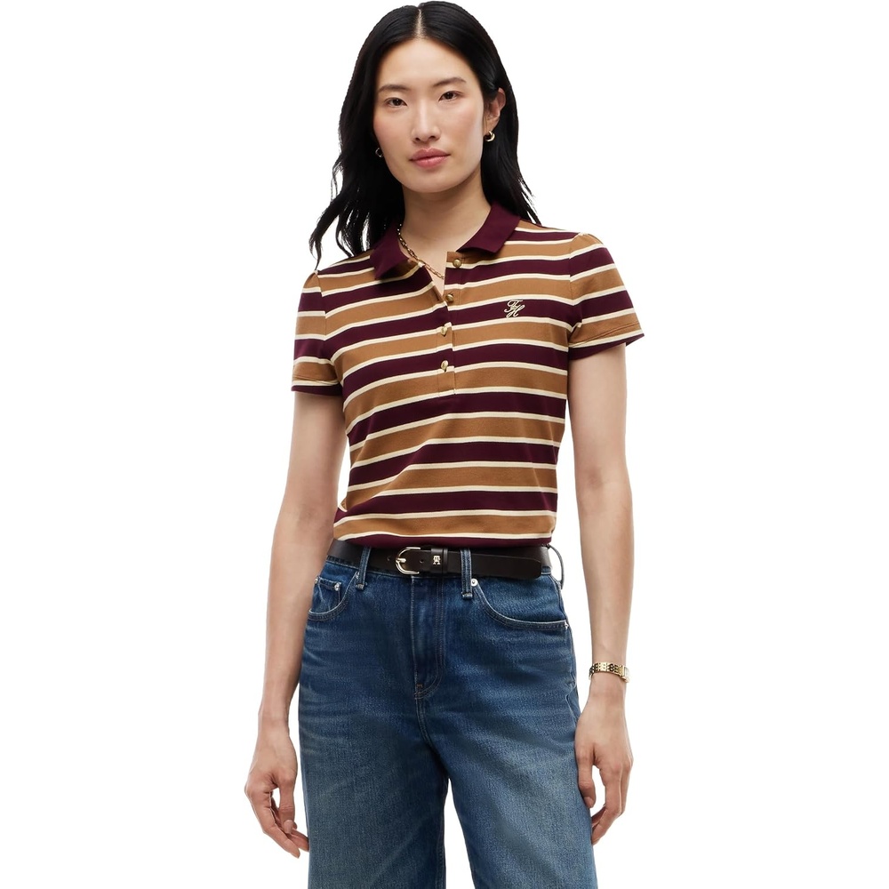 image:imageTommy Hilfiger Womens Cotton Puff Sleeve Polo Shirt in Slim Fit with StretchDeep Burgundy Dark Khaki