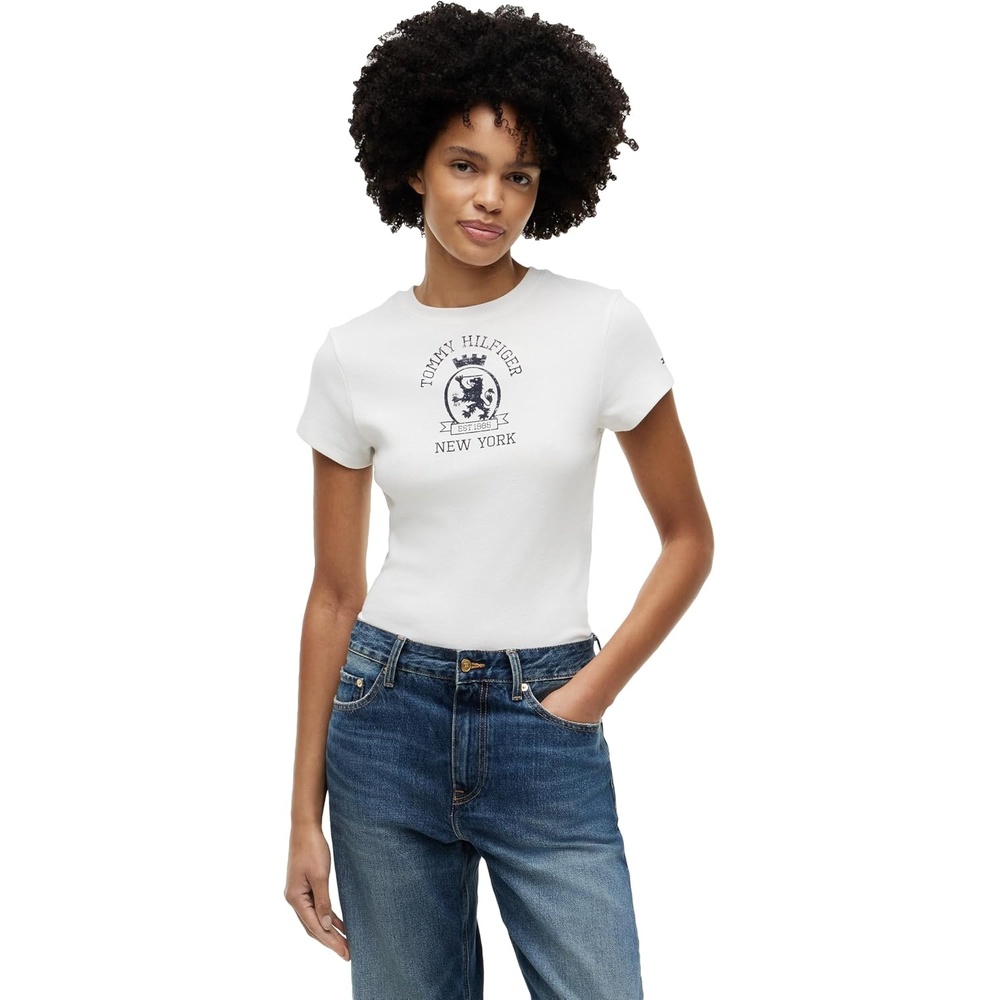 image:imageTommy Hilfiger Womens Short Sleeve Cotton Graphic Logo Crew Neck TShirtsEcruCrest