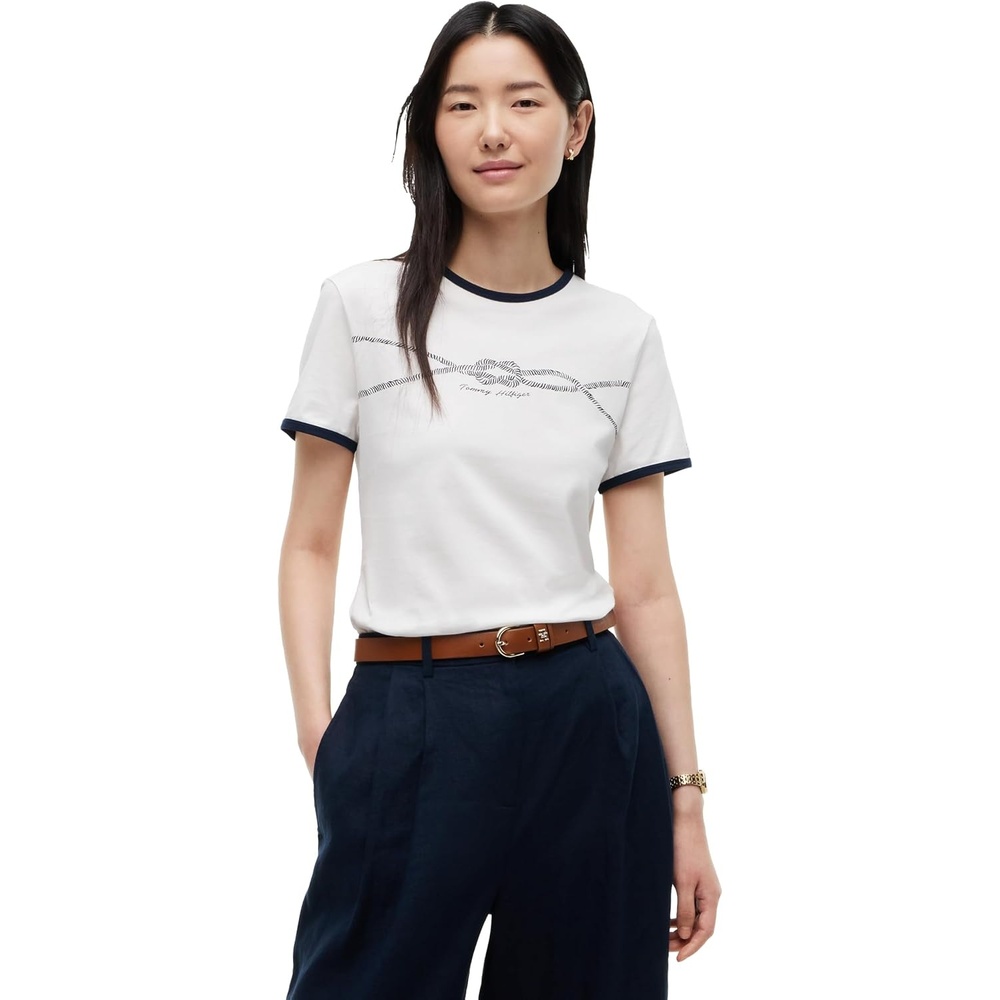 image:imageTommy Hilfiger Womens Short Sleeve Cotton Graphic Logo Crew Neck TShirtsEcruDark Night Navy
