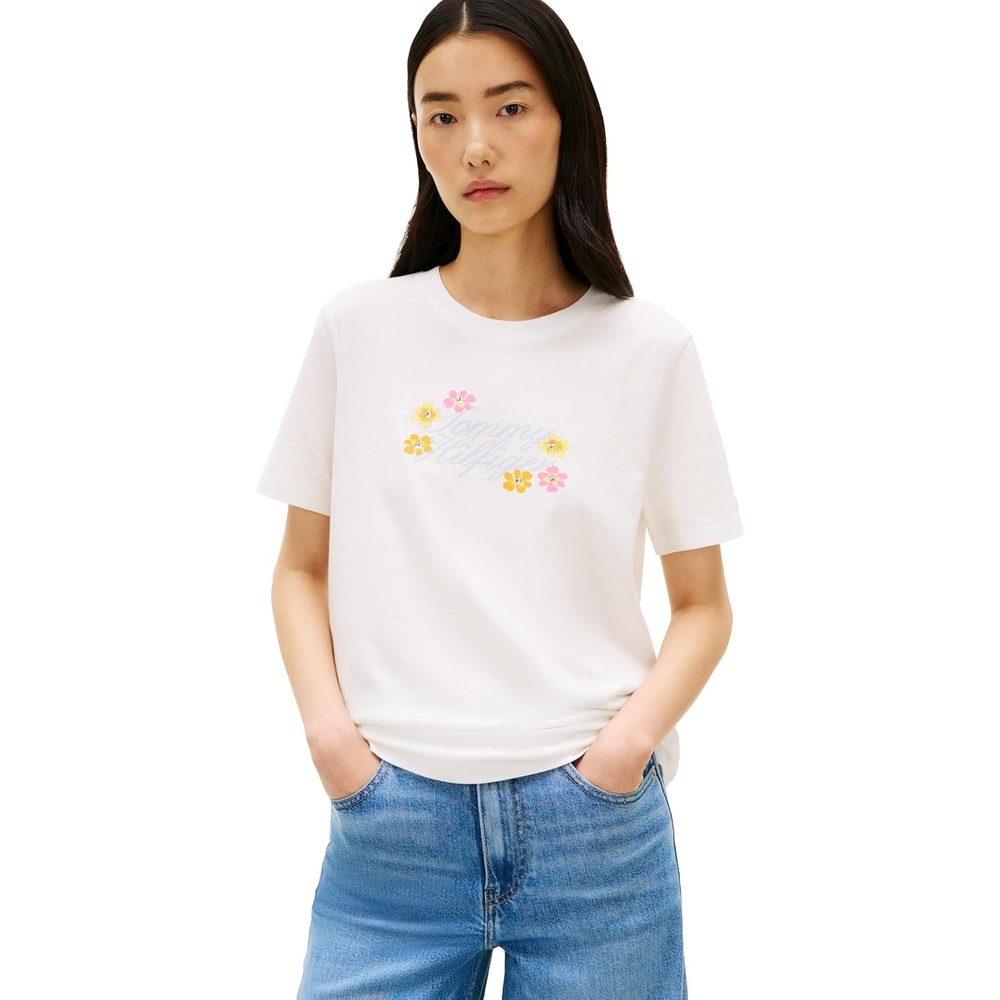 image:imageTommy Hilfiger Womens Short Sleeve Cotton Graphic Logo Crew Neck TShirtsEcruFlowers
